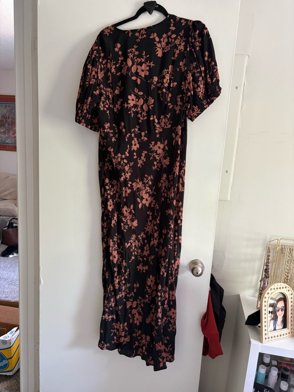 a new day Black Maxi Dress with Pink Floral Print and Puff Sleeves - Picture 3 of 4
